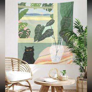 NWT Boho Plant and Cat Pattern Tapestry 5’L x 6.5’W